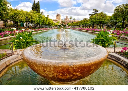Close up of fountain in the famous gardens of Alcazar de los Reyes Cristianos, a medieval building located in the Andalusian city of Cordoba, Spain, near the Guadalquivir river and Mezquita.