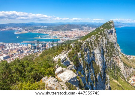 Aerial view of top of Gibraltar Rock. Gibraltar is a territory of South West Europe which is part of the United Kingdom.