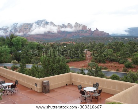 Terrace in the rain in Sedona, Arizona. Nice view of the red rocks