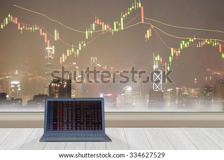 computer laptop with stock chart on screen  at the window of city view