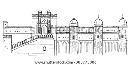 Hand Drawn Sketch Illustration Architecture Landmark Of Amber Fort 