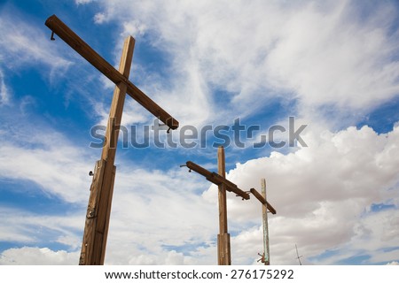 Three crosses erected in the desert near Joshua Tree California.