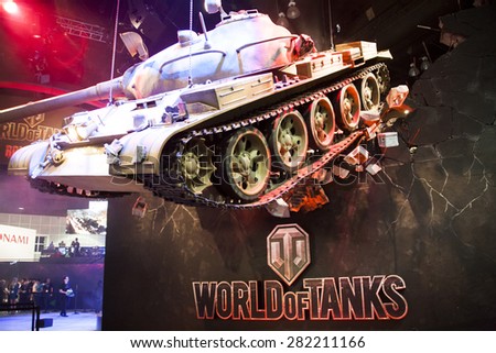 A full size World War 2 tank replica on display at the booth for the video game World of Tanks at the E3 Electronic Entertainment Expo in Los Angeles California in June 2014.