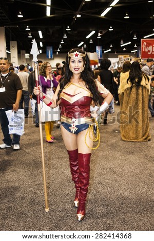 A cosplayer dressed as the character Wonder Woman at WonderCon in Anaheim, California, April 2014.