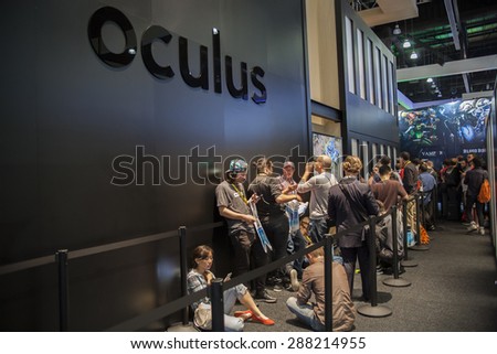 E3; The Electronic Entertainment Expo at the Los Angeles Convention Center, June 16, 2015. Los Angeles, California. The line to view the virtual reality Oculus demonstrations.