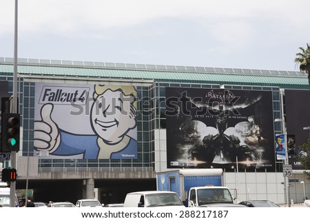 E3; The Electronic Entertainment Expo at the Los Angeles Convention Center, June 16, 2015. Los Angeles, California. Signs on the Los Angeles Convention Center.