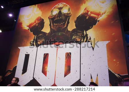E3; The Electronic Entertainment Expo at the Los Angeles Convention Center, June 16, 2015. Los Angeles, California. Doom video game display.