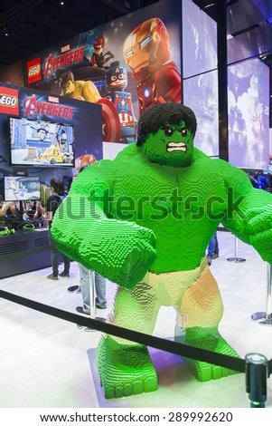 E3; The Electronic Entertainment Expo at the Los Angeles Convention Center, June 16, 2015. Los Angeles, California. Lego Games, the Avengers booth had The Hulk made of Lego.