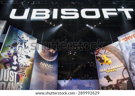 E3; The Electronic Entertainment Expo at the Los Angeles Convention Center, June 16, 2015. Los Angeles, California. The Ubisoft booth and displays.
