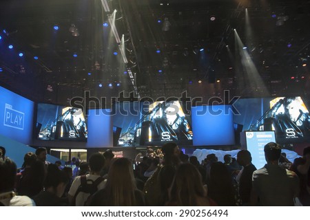 E3; The Electronic Entertainment Expo at the Los Angeles Convention Center, June 16, 2015. Los Angeles, California. Entering the expo, attendees were greeted by a wall of video displays.