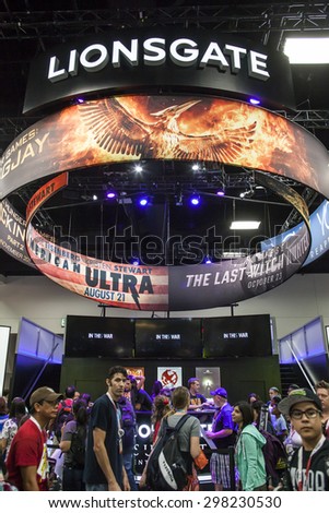 July 9 thru 12, 2015: San Diego Comic Con, the annual pop culture and fandom convention in San Diego, California. Lionsgate film booth featuring the Hunger Games Mockingjay artwork.