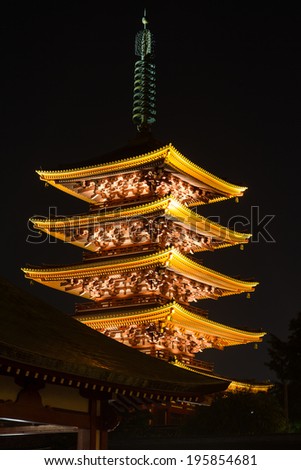 Japanese traditional pagoda building at night