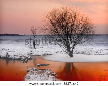 winter lake in sunset