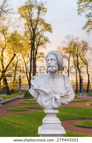 Statue of Diogenes in the Summer Garden( Letniy Sad ) at sunset. Saint Petersburg. Russia.