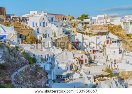 OIA.GREECE-SEPTEMBER 30,2015 Picturesque greek houses in beautiful place at sunset.Santorini (Thira) island.Cyclades.