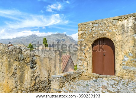 The scenic old buildings of lower Monastery of St. John the Baptist,is part complex of the Patriarchal Preveli Monastery of St. John the Theologian, known as the Monastery of Preveli.Crete.Greece.