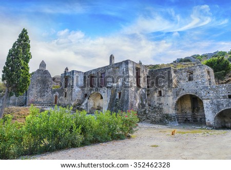 Picturesque buildings of lower old Monastery of St. John the Baptist,is part complex of the Patriarchal Preveli Monastery of St. John the Theologian, known as the Monastery of Preveli.Crete.Greece.