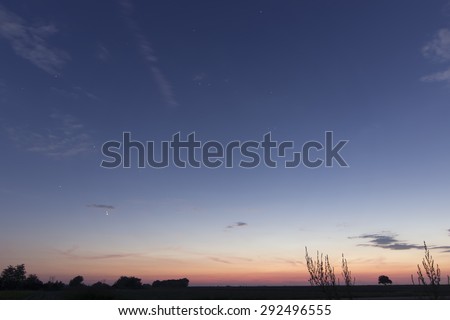 Beautiful dawn sky , Jupiter and Venus Conjunction \
With Constellations Leo, Lynx, Ursa major, Leo minor, Cancer, Sextans, Virgo