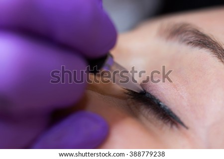 Cosmetologist applying permanent makeup on eyes\
Selective focus and shallow Depth of field