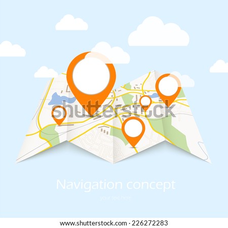 Navigation map with red pin pointer on blue background with cloud Navigation map with red pin pointer on blue background with cloud