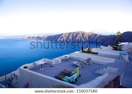 Hotels on the Greek island beside  blue Aegean sea , Santorini, Greece