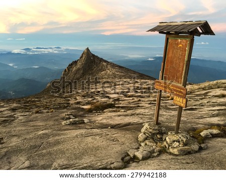 Checkpoint at the top of Mount Kinabalu in Sabah, East Malaysia. The climb to the summit of Mt Kinabalu is one of Borneo\'s most popular tourist attractions.