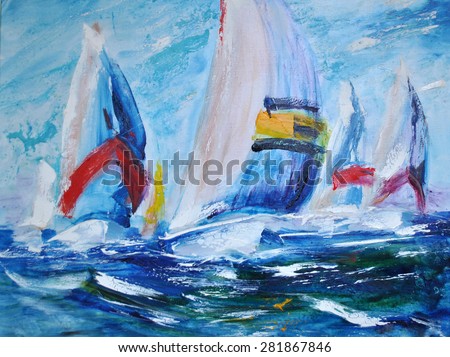 Yacht Regatta, sailing away. Oil on canvas