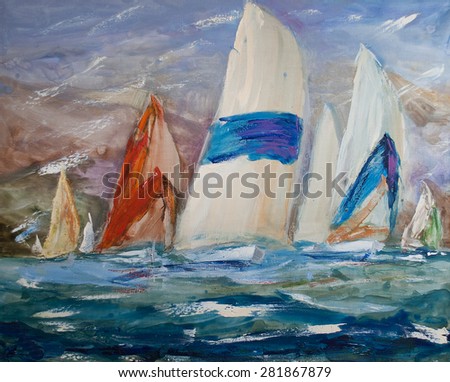 Yacht Regatta, sailing away. Oil on canvas