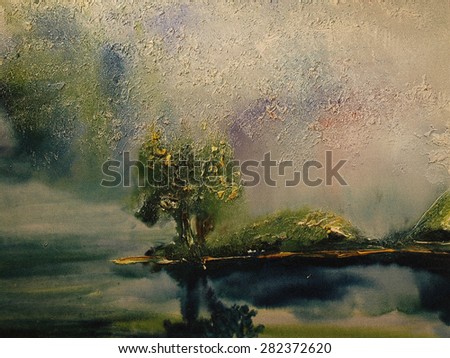 Mysterious island in the lake. Fantastic trees. Oil on canvas