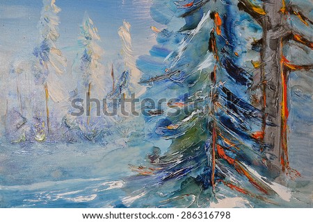 Russian winter, snow-covered trees, pine trees in snow, contemporary art. Modern abstract painting. Abstract texture oil on canvas