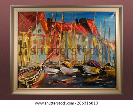 City pier yachts, mooring boats. Contemporary art. Modern abstract painting. Abstract texture oil on canvas