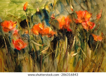 Poppy, flower abstract, modern painting, palette knife, oil on canvas