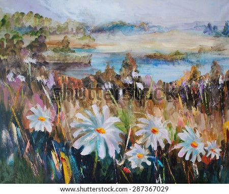 Chamomile flowers meadow. Russian river. Russia landscape. Abundance of blooming wild flowers. Oil on canvas