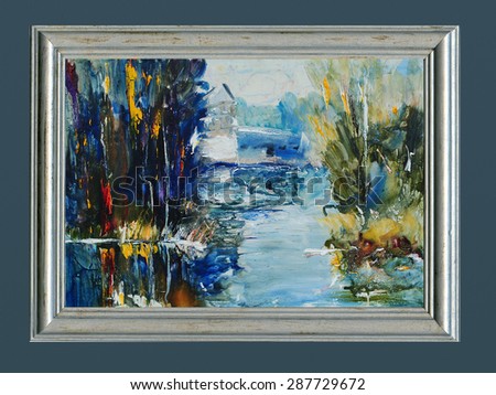 Colorful lake landscape. Nature background, Modern abstract painting, Oil on canvas
