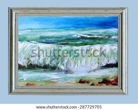 Seaside, seacoast, azure waves run ashore, contemporary art. Oil on canvas