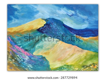 Colorful mountain landscape, spring in the mountains. Modern painting, palette knife, contemporary painting art, oil on canvas