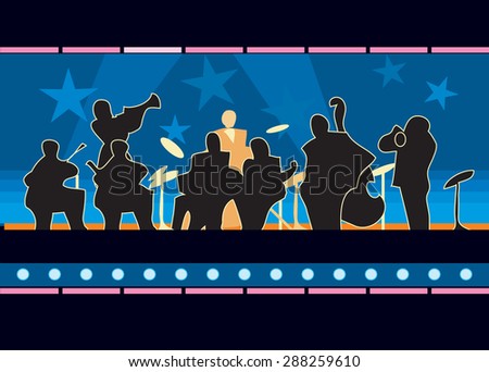 Jazz band footlights, The orchestra plays jazz on the illuminated stage, illustration