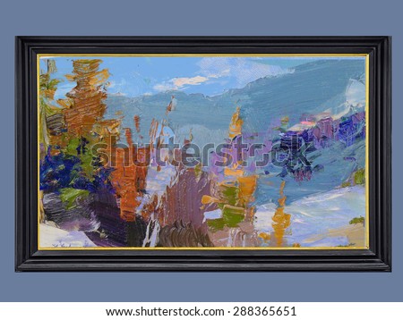 Mountain landscape, snow-capped peaks, snow trees, contemporary art. Modern abstract painting. Abstract texture oil on canvas