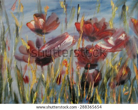 Poppy, flower abstract, modern painting, palette knife, oil on canvas