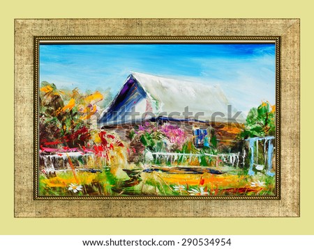 Traditional Russian house, Russian chalet, cottage in the countryside, modern landscape painting, palette knife, oil on canvas