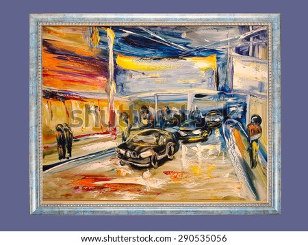 Night city traffic lights. modern painting, palette knife, oil on canvas