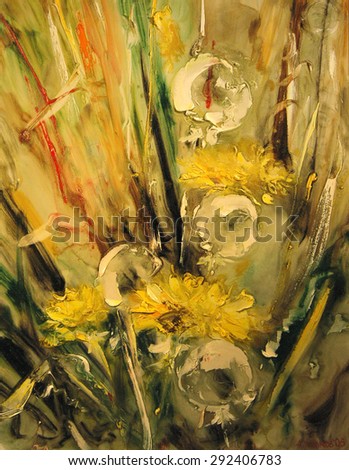 Dandelions, May flowers landscape. Modern art Oil on canvas