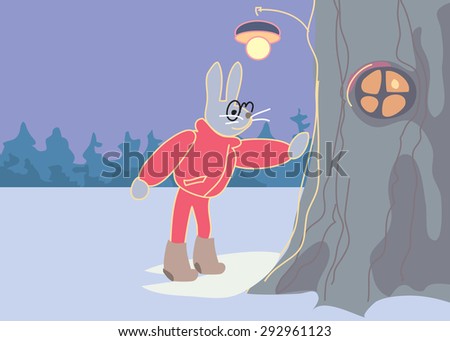 .  Cartoon rabbit, rabbit dwelling in the tree