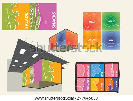 Supermarket information signs. Suspended construction on the trading floor, price tag illustration
