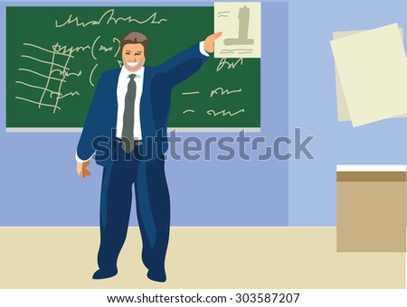 Lesson in the classroom. Teacher teaches the subject. School classroom and blackboard.
