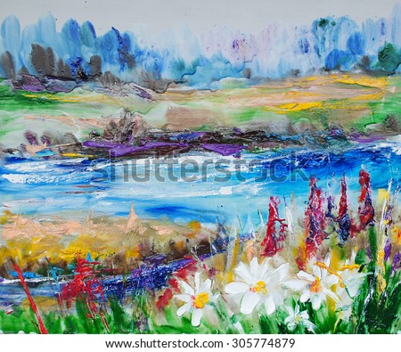 landscape with river, modern paintings, oil on canvas, expressive art picture, abstract landscape, contemporary art