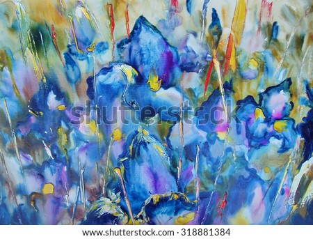 Irises flower landscape. Modern art Oil on canvas