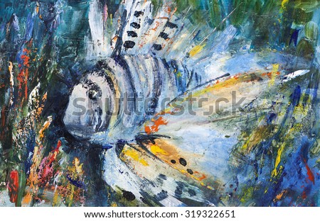 Lion fish, beautiful sea fish. Painting, pictorial art