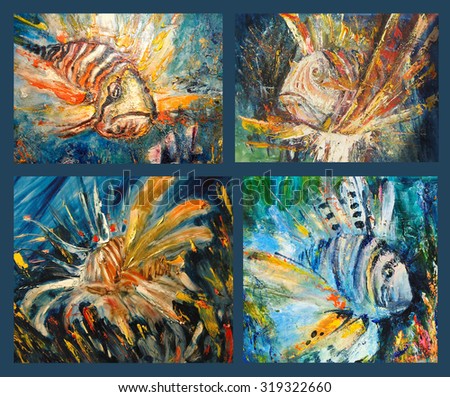 Lion fish. Different views of Lion fish. Painting, pictorial art