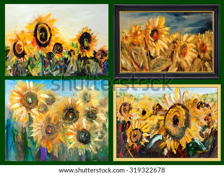 Sunflower, different perspectives big yellow flowers. Painting, pictorial art